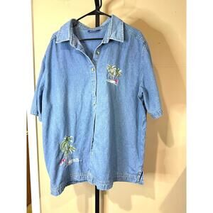 Women's Pennington 2x  Denim Casual Shirt Embroidered Palm Tree Flamingo Design